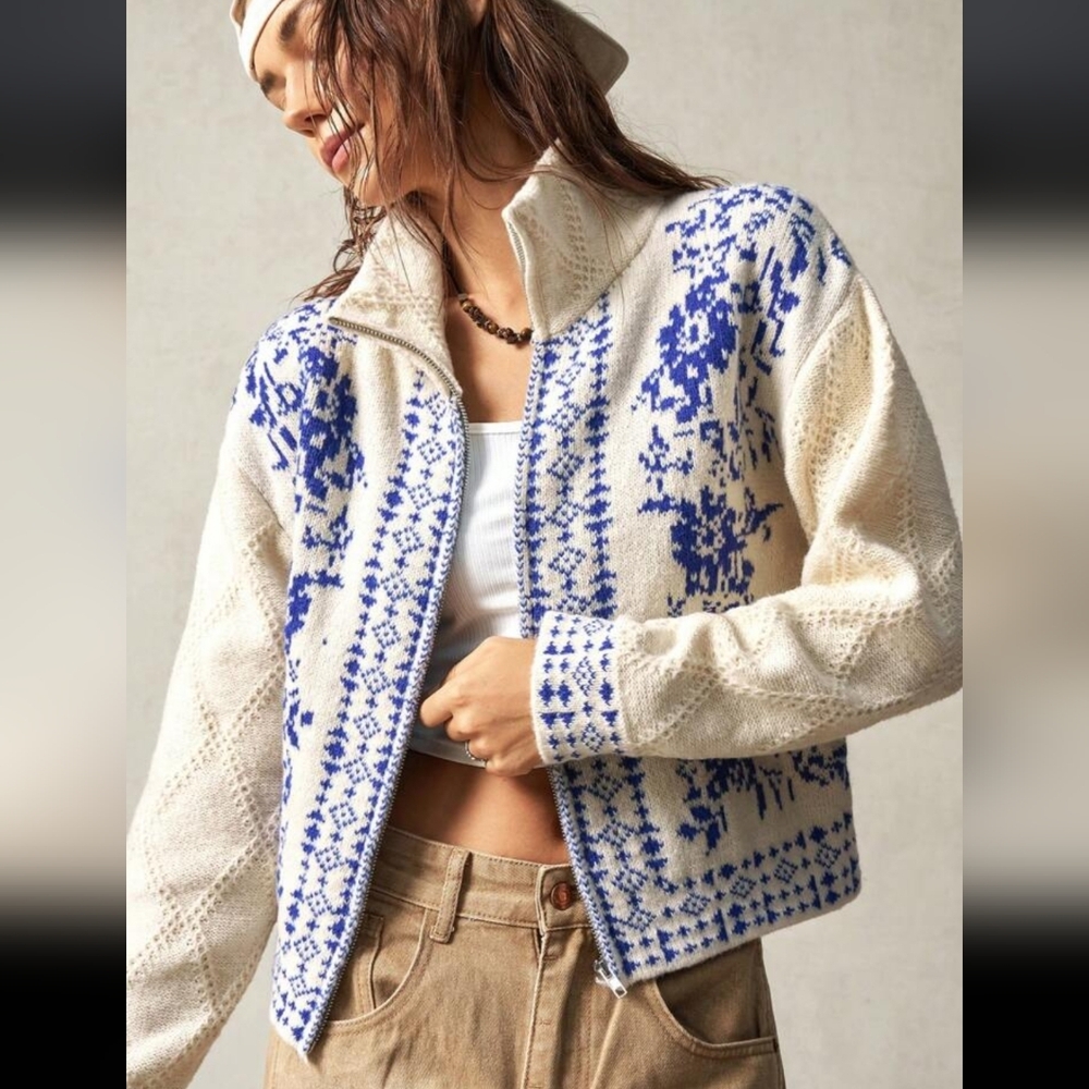 Blue and Cream Patterned Women's Jacket